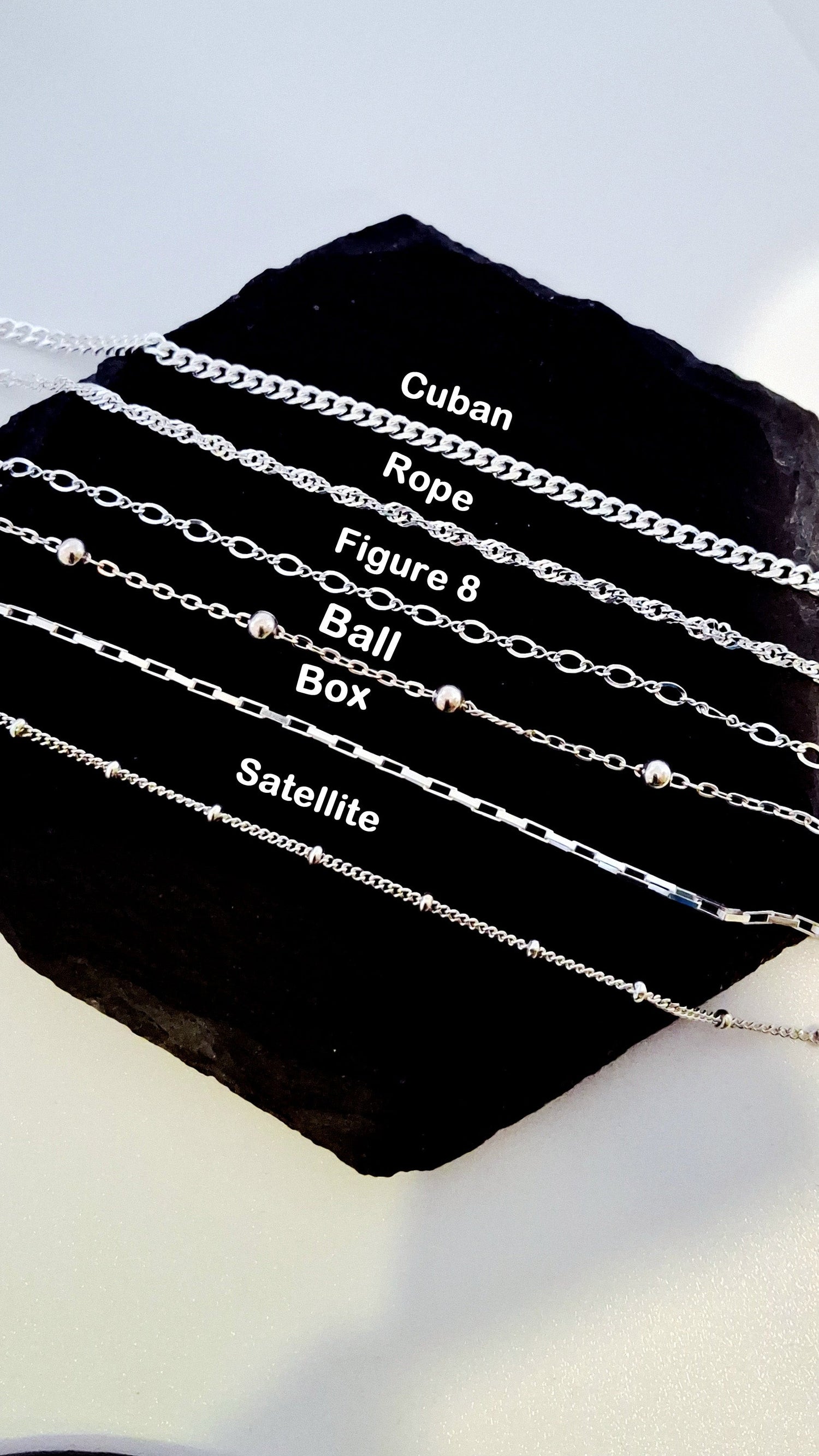 Close-up of high-quality sterling silver unfinished chains, perfect for permanent jewellery making, custom designs, and professional jewellery artists