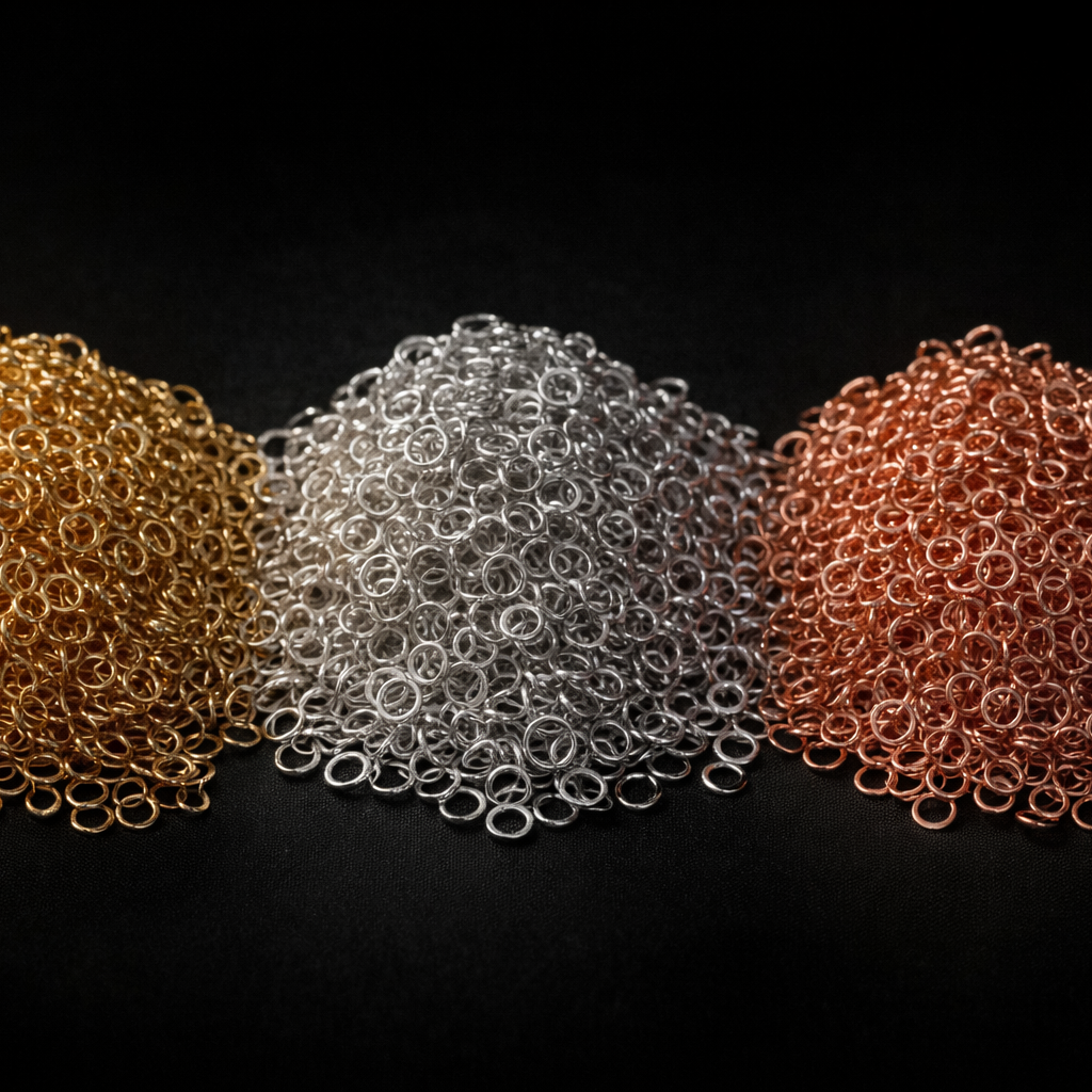 Group shot of mixed 14k gold filled and sterling silver jump rings, rose gold filled jump rings emphasizing variety and no minimum order quantity.